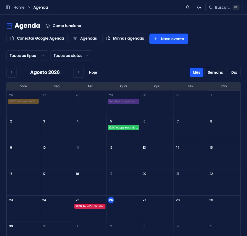 Calendário da Agenda, com reuniões e eventos da empresa