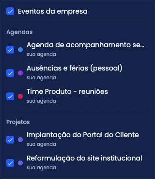 Painel de fontes do calendário, com cada agenda podendo ser ligada ou desligada