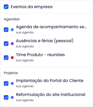 Painel de fontes do calendário, com cada agenda podendo ser ligada ou desligada