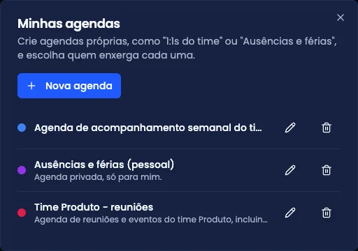 Diálogo Minhas agendas, com as agendas do líder e suas cores