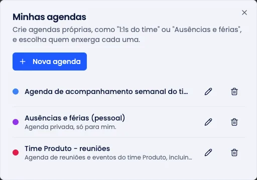 Diálogo Minhas agendas, com as agendas do líder e suas cores