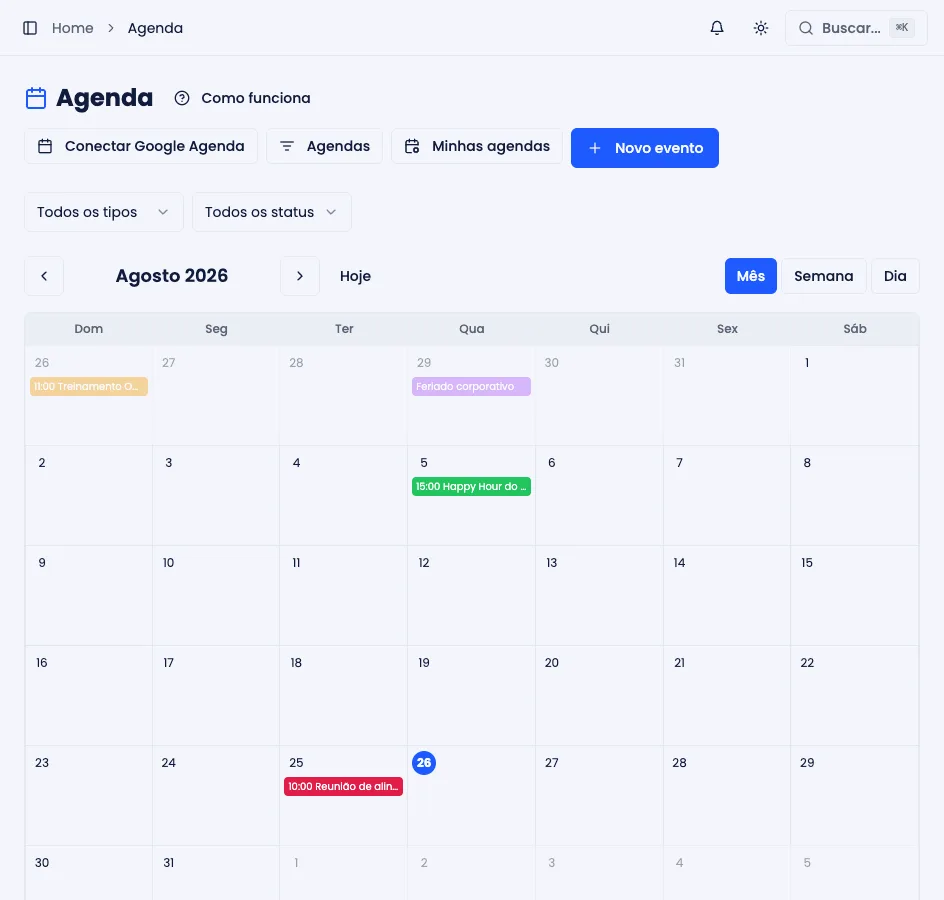 Calendário da Agenda, com reuniões e eventos da empresa