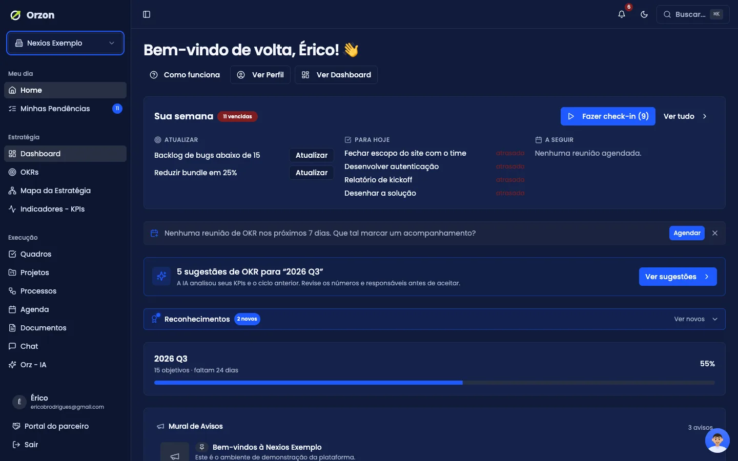 Tela do Orzon, com o menu à esquerda e o conteúdo à direita