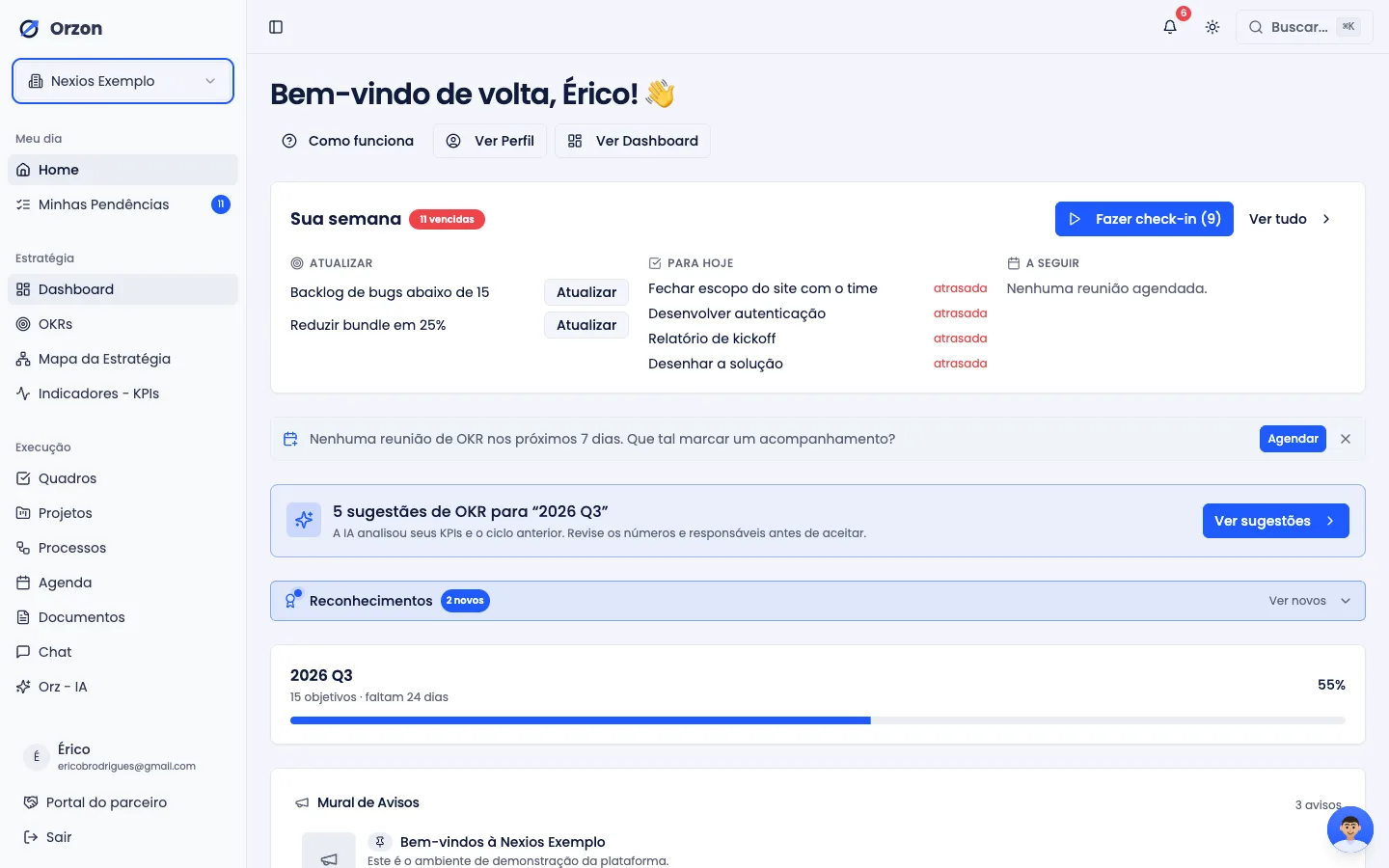 Tela do Orzon, com o menu à esquerda e o conteúdo à direita