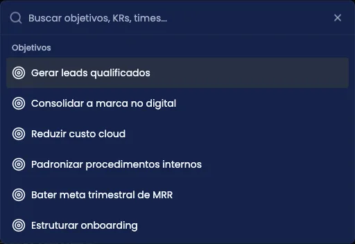 Caixa de busca global aberta, com resultados agrupados por tipo