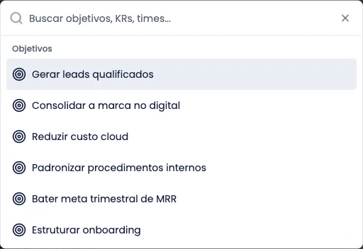 Caixa de busca global aberta, com resultados agrupados por tipo