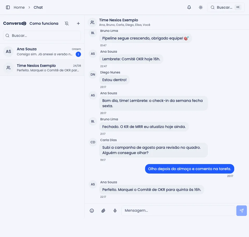 Chat interno, com a lista de conversas e uma conversa de grupo aberta
