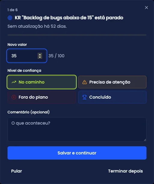 Assistente de check-in mostrando um Key Result por vez, com contador no topo