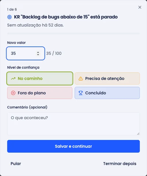 Assistente de check-in mostrando um Key Result por vez, com contador no topo