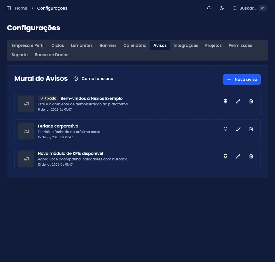 Aba Avisos das Configurações, com os comunicados publicados