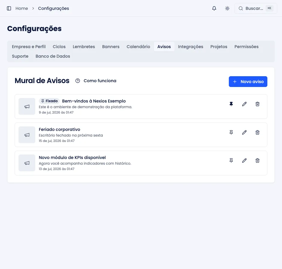 Aba Avisos das Configurações, com os comunicados publicados