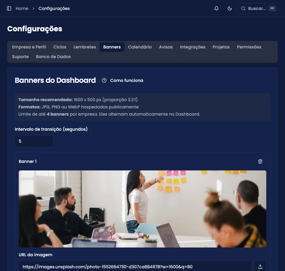 Aba Banners das Configurações, com as imagens cadastradas