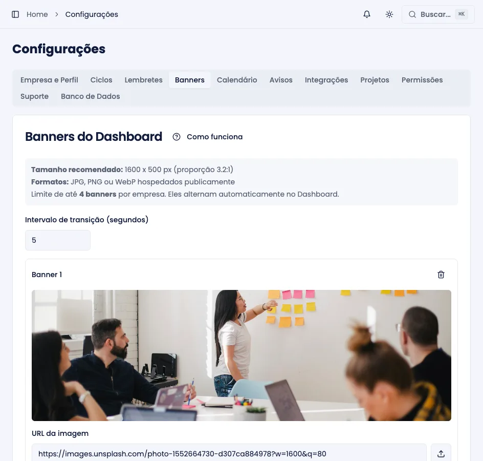 Aba Banners das Configurações, com as imagens cadastradas
