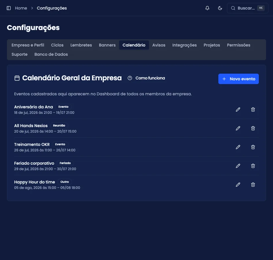 Aba Calendário das Configurações, com os eventos da empresa