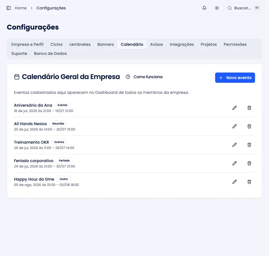 Aba Calendário das Configurações, com os eventos da empresa