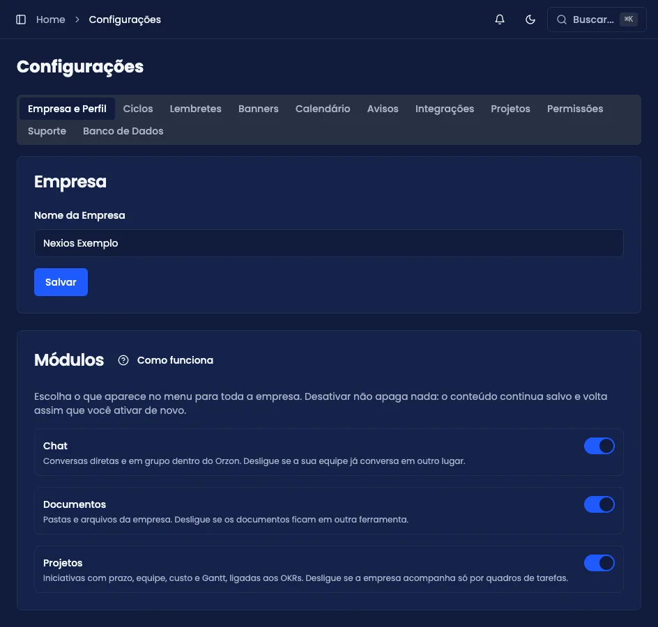 Aba Empresa e Perfil das Configurações