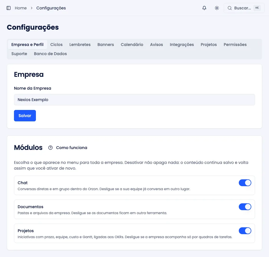 Aba Empresa e Perfil das Configurações