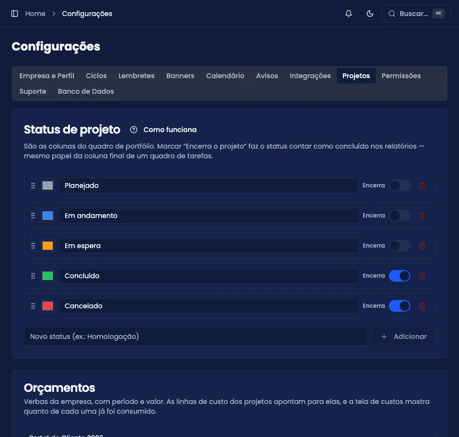Aba Projetos das Configurações, com status de projeto, orçamentos e tipos de custo