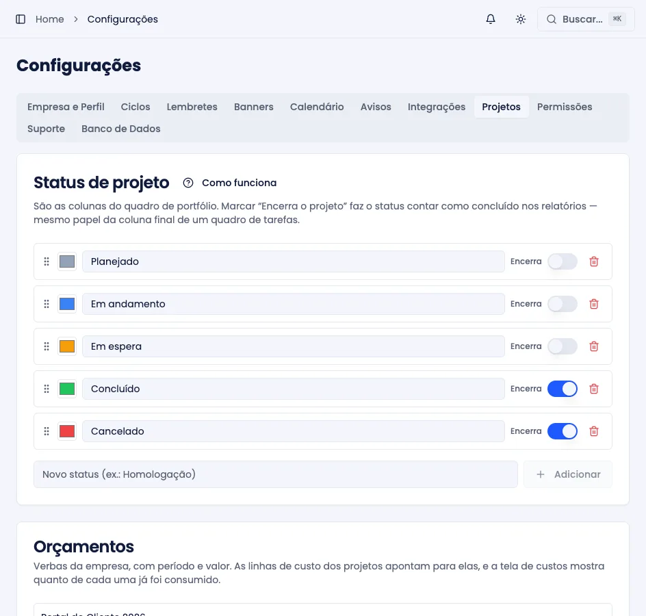 Aba Projetos das Configurações, com status de projeto, orçamentos e tipos de custo