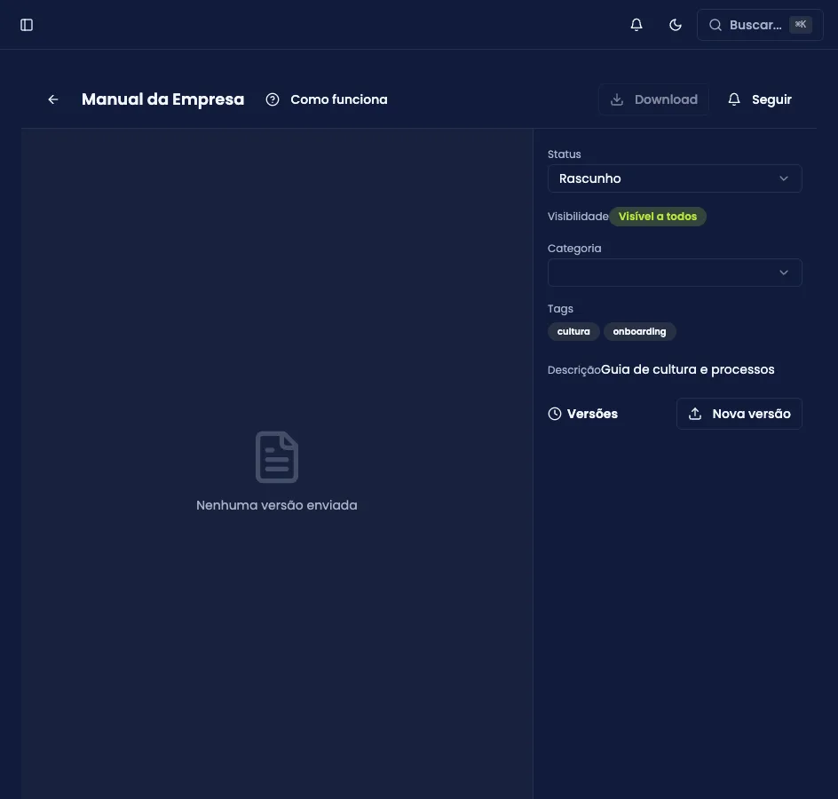 Ficha de um documento, com pré-visualização, versões e permissões