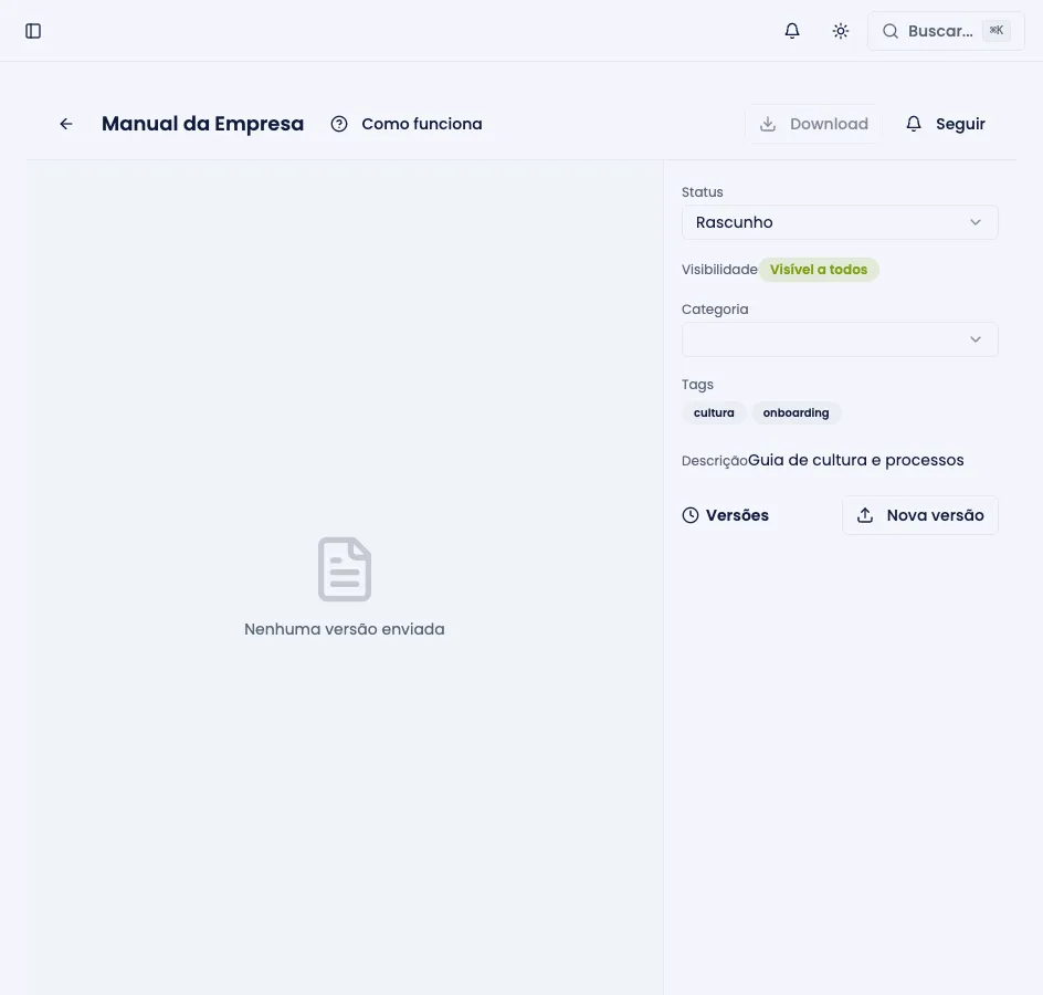 Ficha de um documento, com pré-visualização, versões e permissões