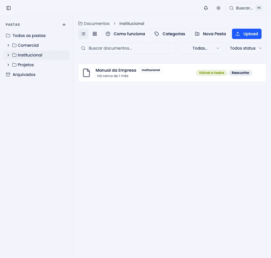 Módulo de Documentos, com a árvore de pastas à esquerda e os documentos da pasta