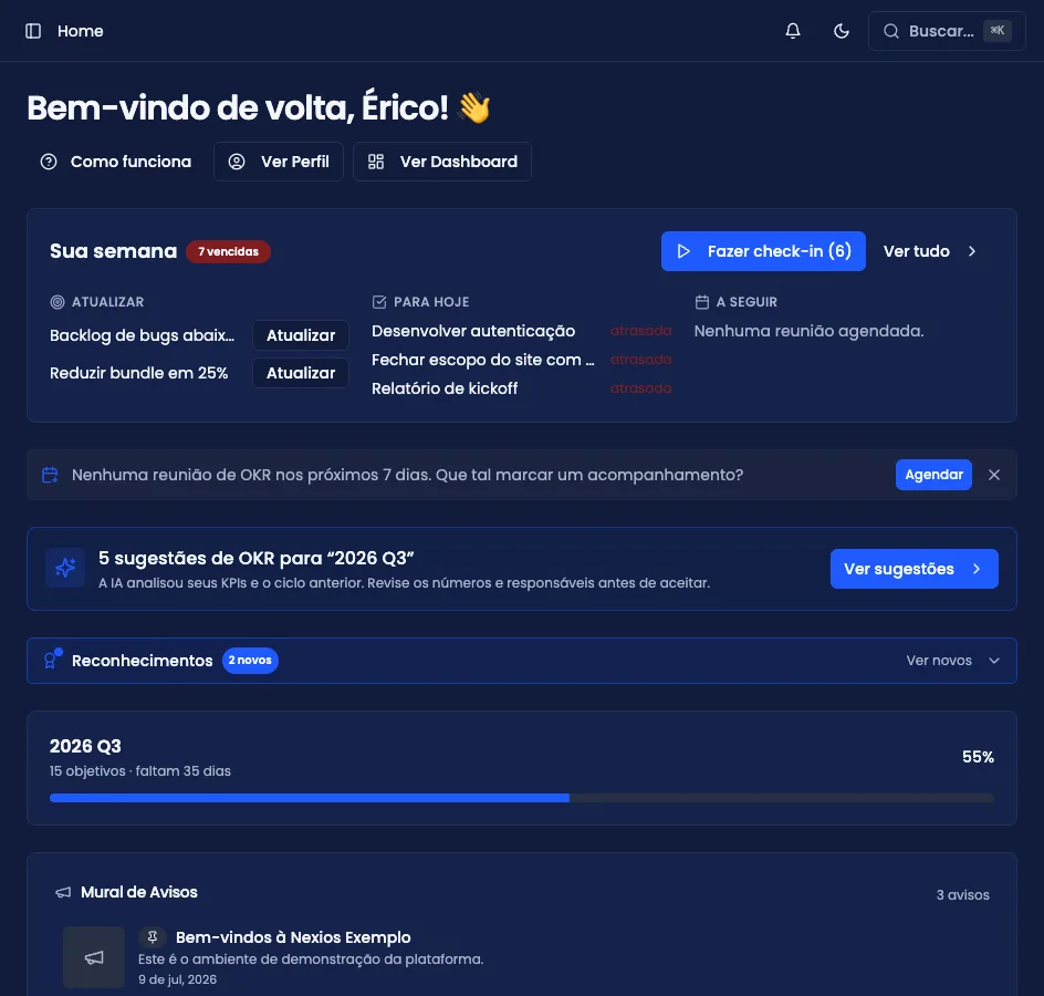 Home do Orzon, com o bloco Sua semana, mural de avisos e calendário