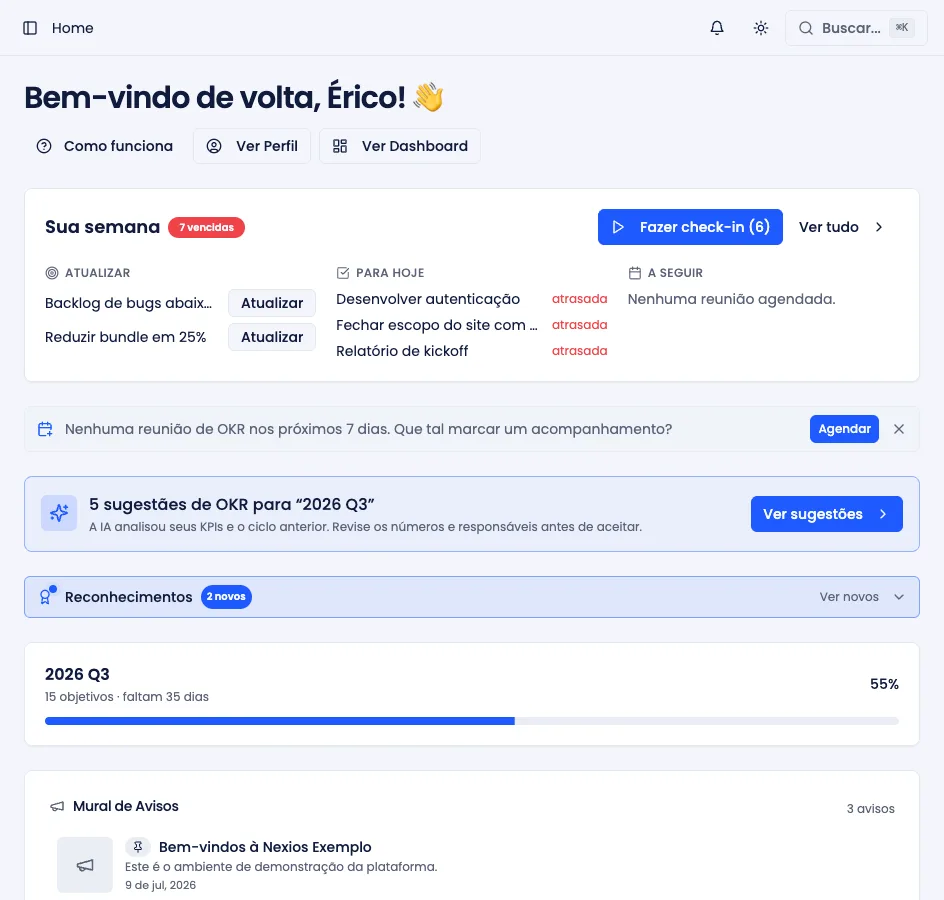 Home do Orzon, com o bloco Sua semana, mural de avisos e calendário