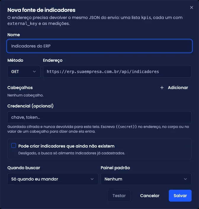 Formulário de nova fonte, com método, endereço, cabeçalhos, credencial e a periodicidade da busca