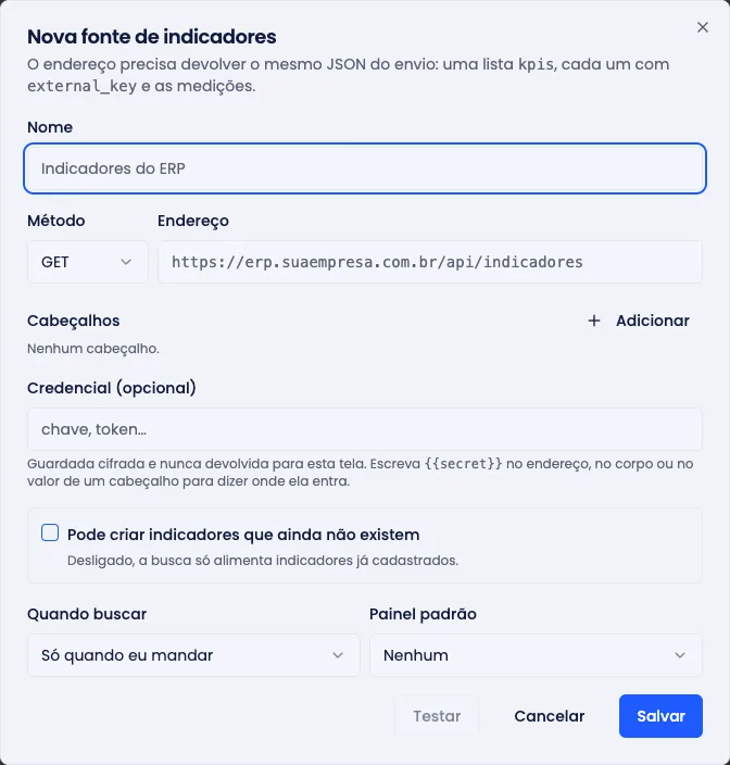 Formulário de nova fonte, com método, endereço, cabeçalhos, credencial e a periodicidade da busca