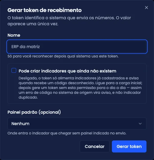 Diálogo de geração de token, com nome, a opção de permitir criar indicadores e o painel padrão