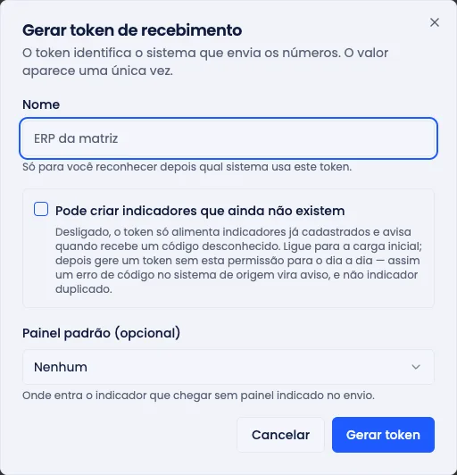 Diálogo de geração de token, com nome, a opção de permitir criar indicadores e o painel padrão