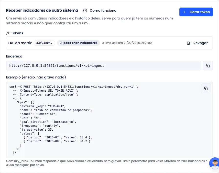 Bloco de recebimento em lote, com o token gerado, o endereço para envio e um exemplo pronto de comando