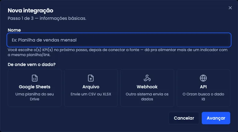 Escolha da fonte de uma nova integração, com os cinco cartões