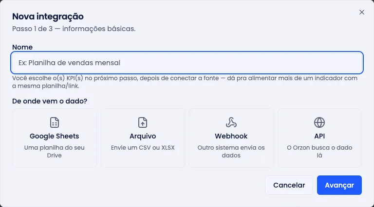 Escolha da fonte de uma nova integração, com os cinco cartões