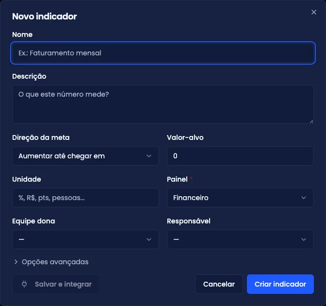 Diálogo de novo indicador, com nome, unidade, direção da meta, frequência e responsável