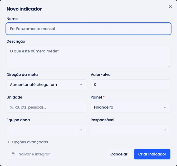 Diálogo de novo indicador, com nome, unidade, direção da meta, frequência e responsável