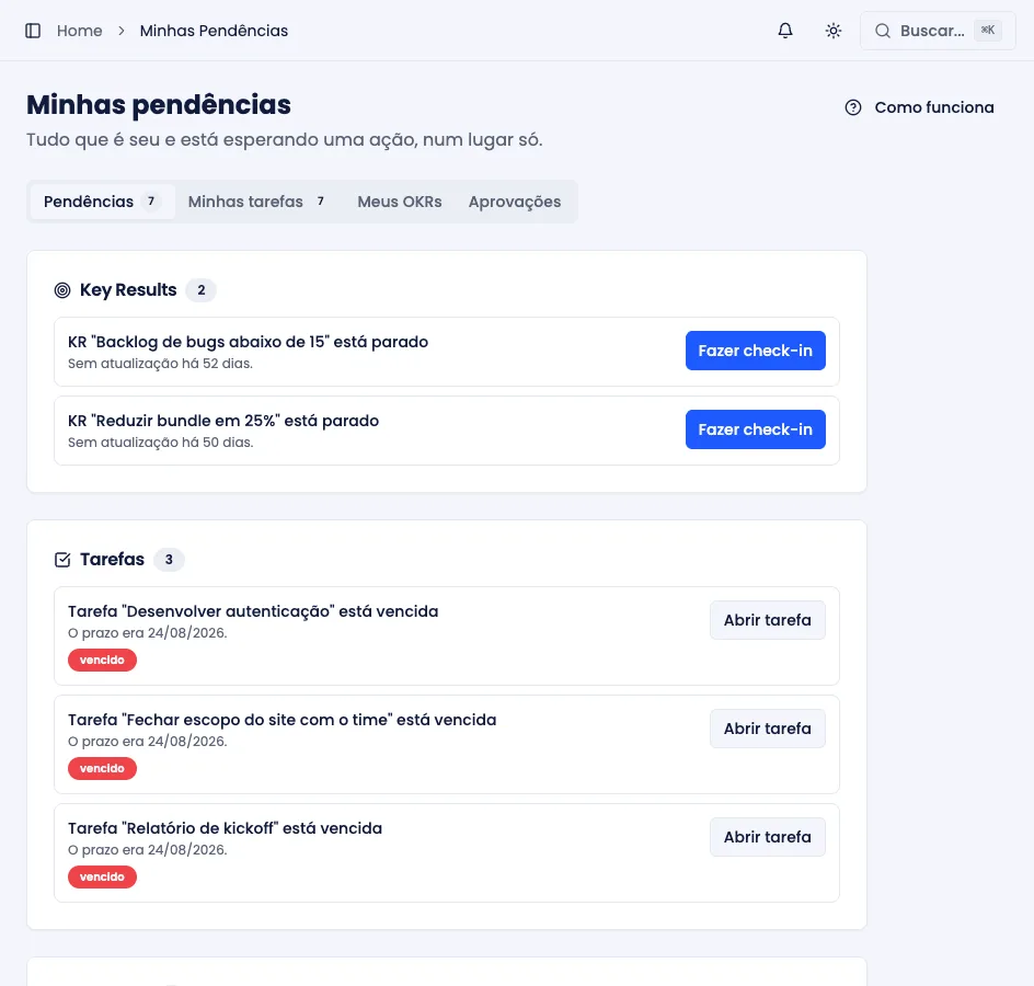 Central de pendências, com as abas Pendências, Minhas tarefas, Meus OKRs e Aprovações