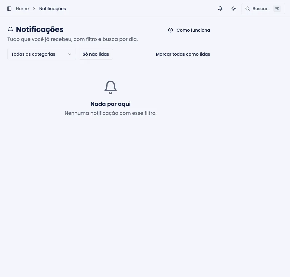 Central de notificações, com filtro por categoria e agrupamento por dia