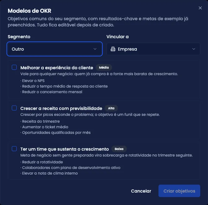 Catálogo de modelos de OKR, com objetivos prontos por segmento