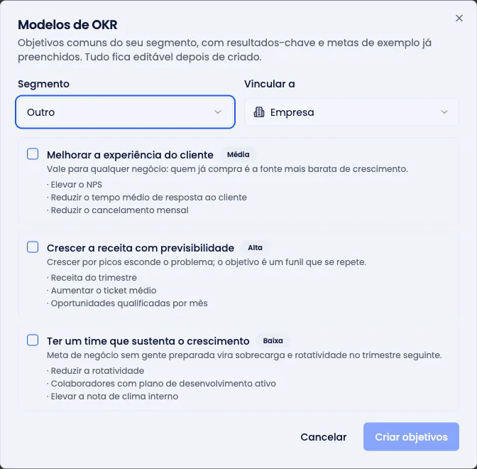 Catálogo de modelos de OKR, com objetivos prontos por segmento