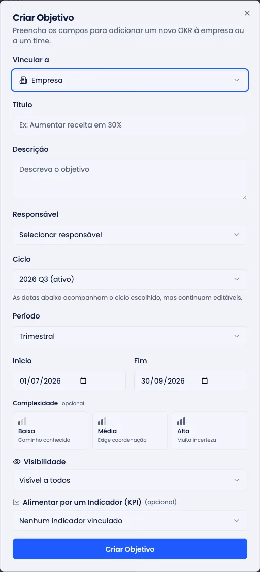 Diálogo de criação de objetivo, com os campos vincular a, título, descrição, responsável, ciclo, período, complexidade e visibilidade