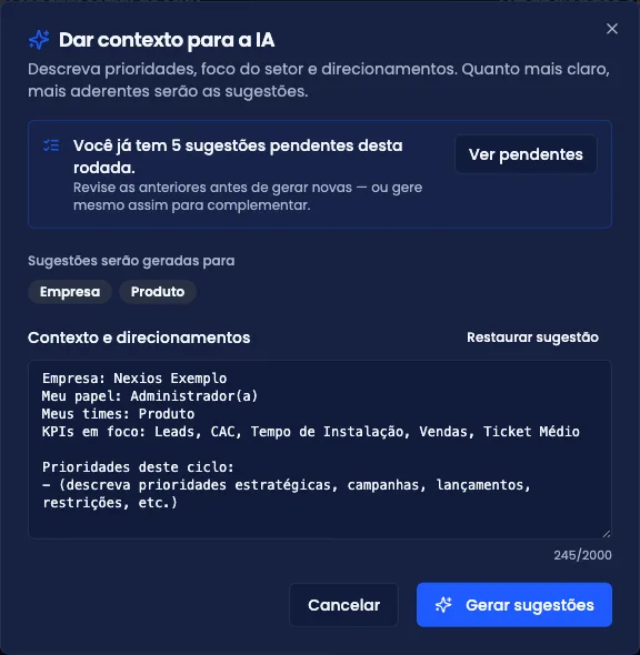 Painel de sugestões de OKR geradas por IA, com aceitar ou descartar