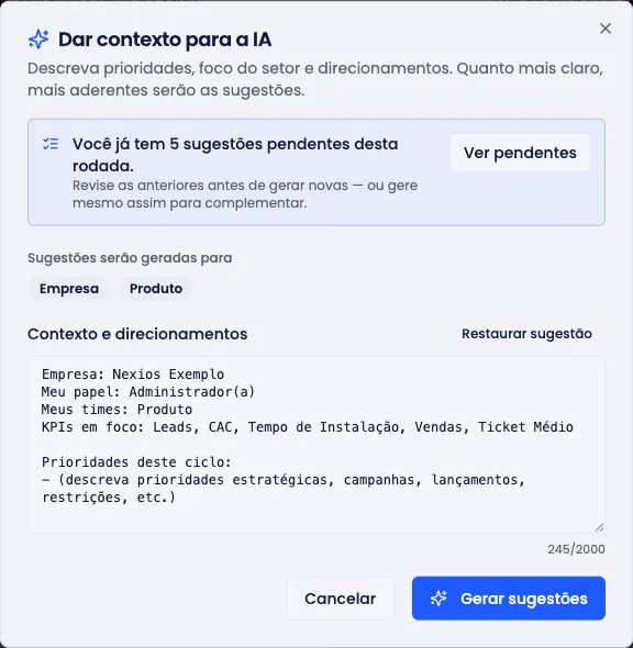 Painel de sugestões de OKR geradas por IA, com aceitar ou descartar