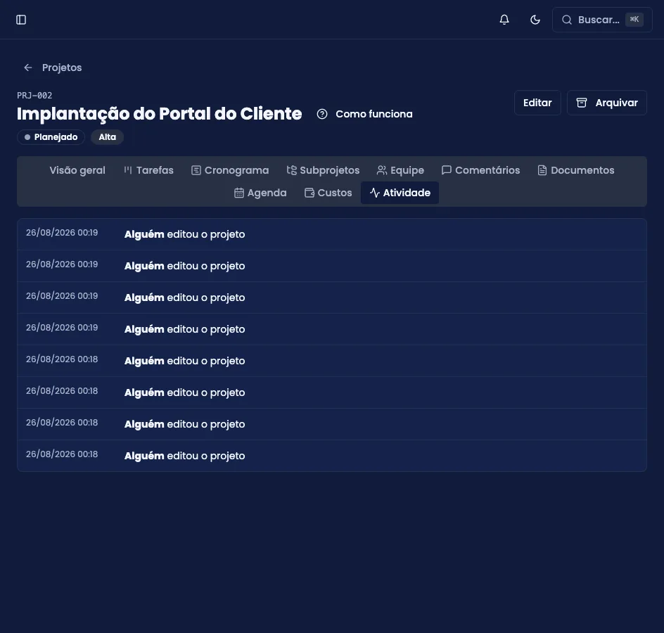 Aba Atividade do projeto, com o histórico de mudanças