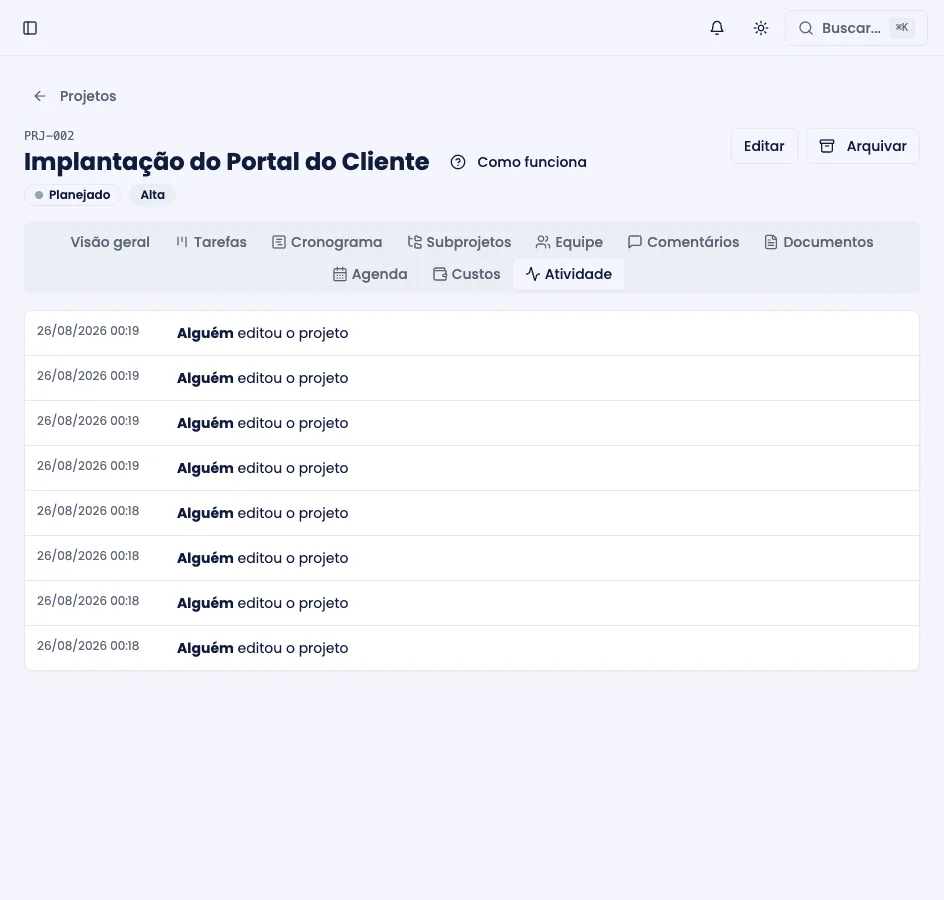Aba Atividade do projeto, com o histórico de mudanças
