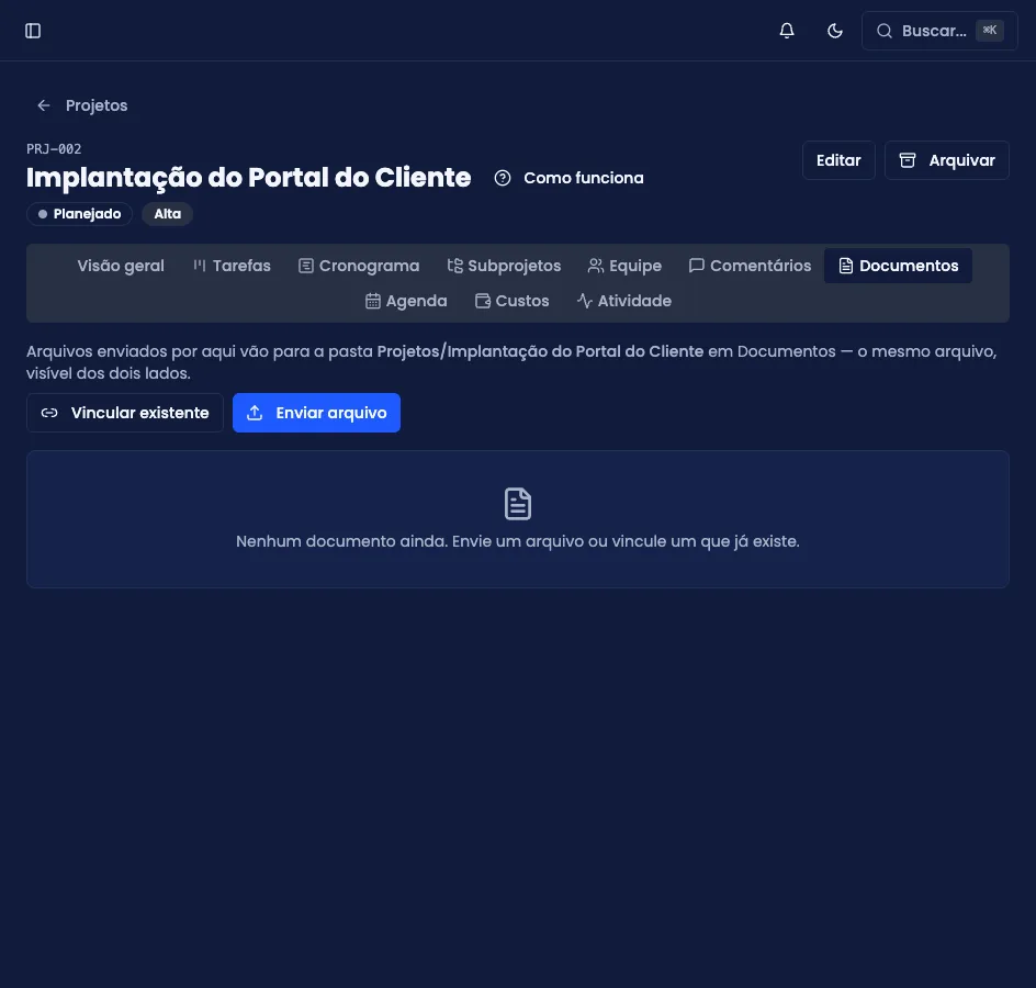 Aba Documentos do projeto, com os arquivos vinculados a ele