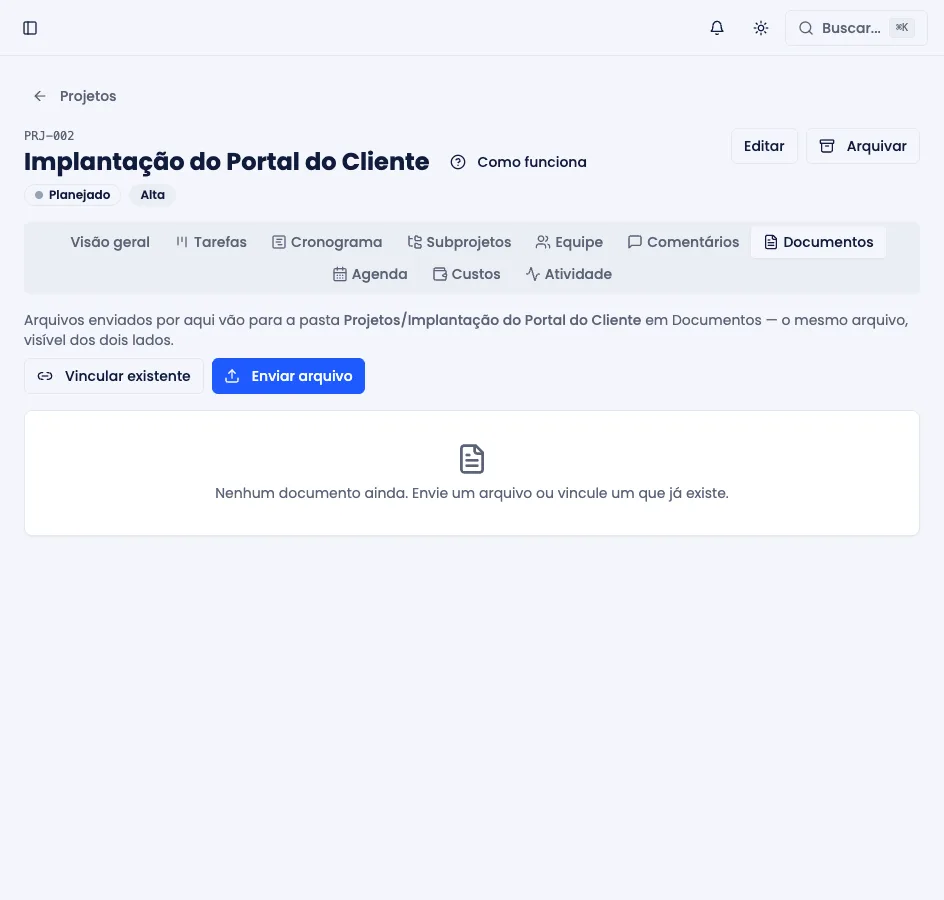 Aba Documentos do projeto, com os arquivos vinculados a ele
