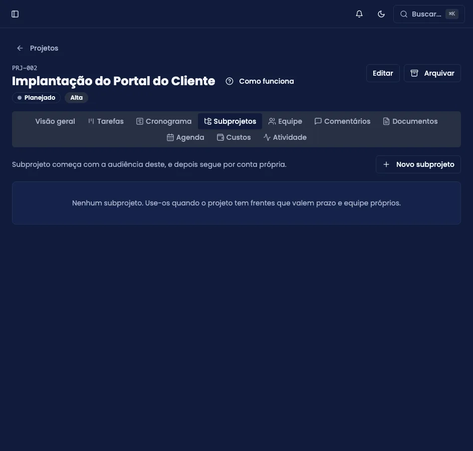 Aba Subprojetos, listando os projetos filhos com progresso