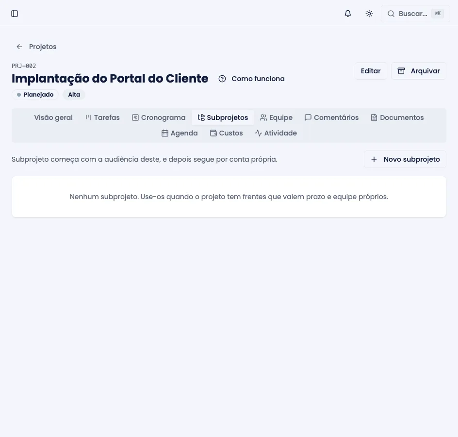 Aba Subprojetos, listando os projetos filhos com progresso